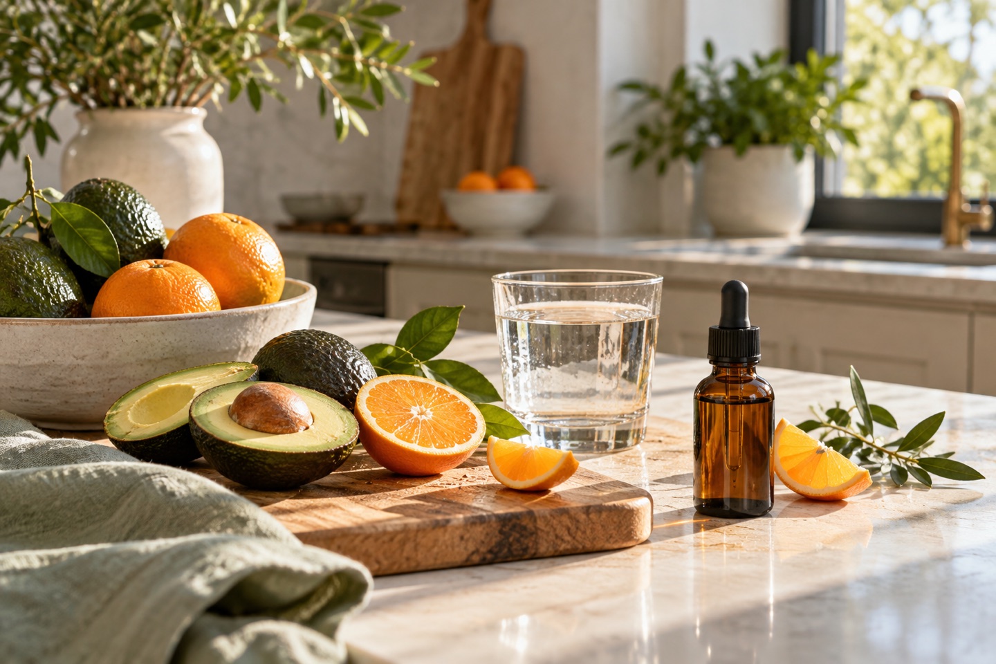 Avocados, citrus, a glass of water, and a dropper bottle on a sunlit kitchen counter.