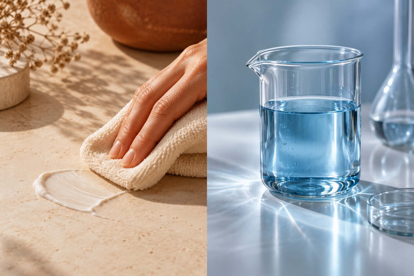 Conceptual split image of a cream smear being wiped away and a blue laboratory beaker.