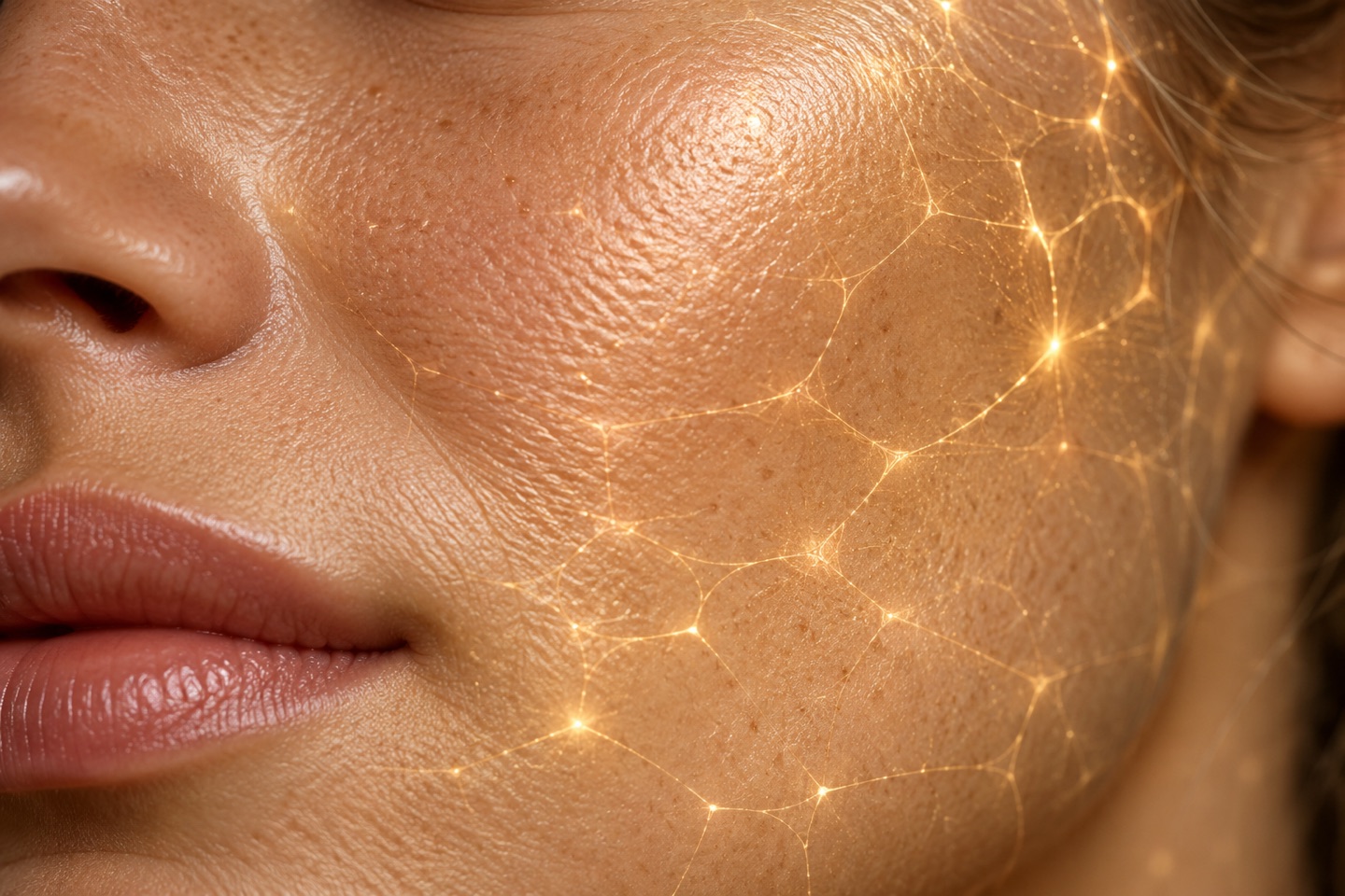 Close-up skin texture with a conceptual golden matrix overlay.