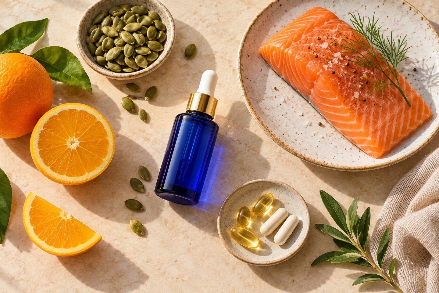 Blue glass serum bottle, salmon, pumpkin seeds, citrus, and vitamin capsules arranged on warm stone.