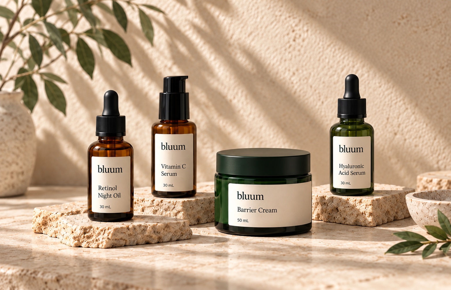 Bluum skin-care products on warm stone